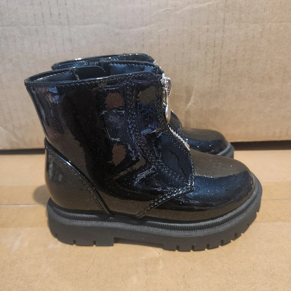 Cat & Jack Toddler Girls Black Glitter Patent Combat Boots Heart Zipper Size 7